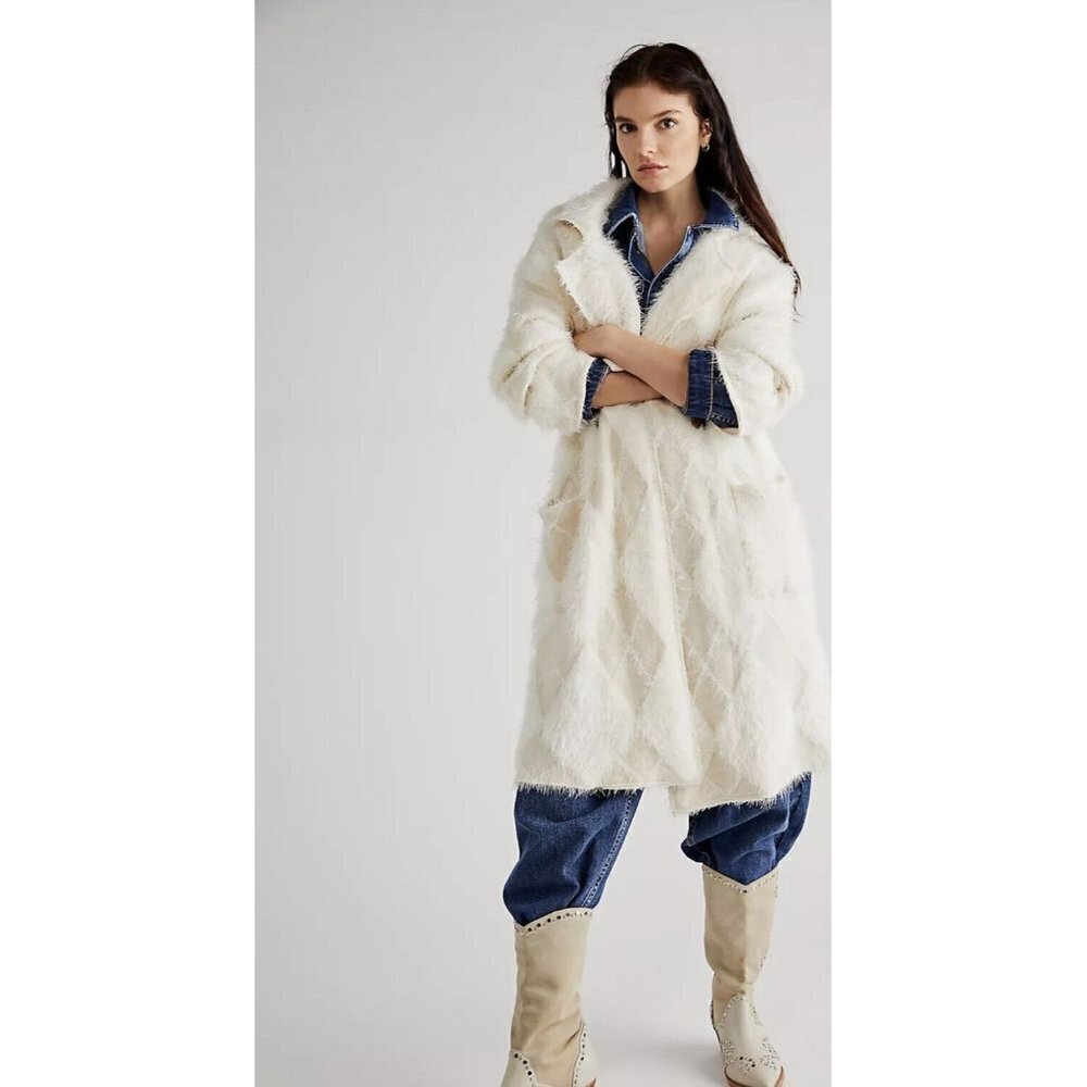 Free People David Cardigan Cardi Jacket Soft Faux Fur Longline Ivory S Nwt $398